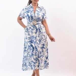 New Dress Forum Blue Flroal linen midi belted dress size large